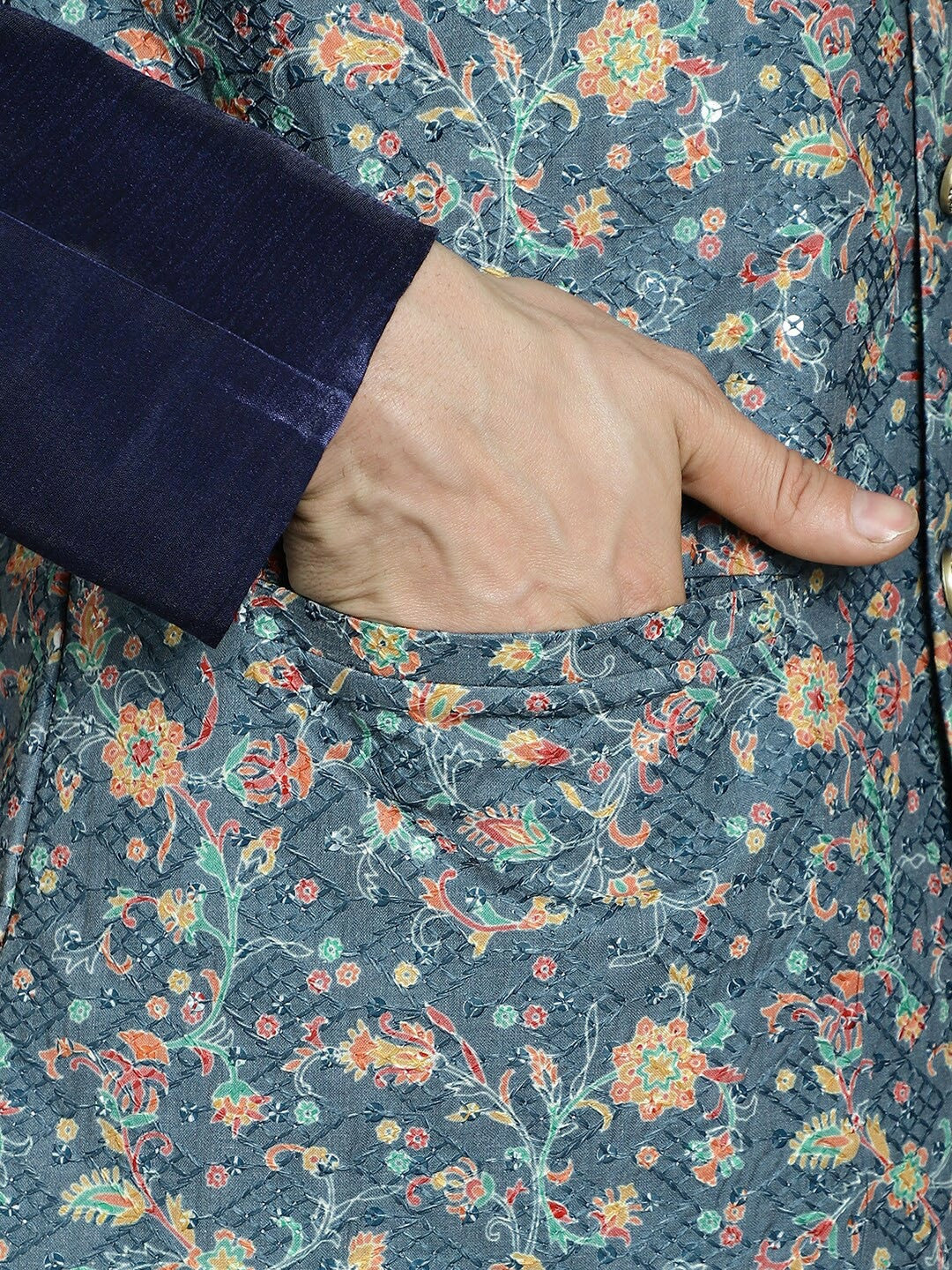 Men's Blue Floral Printed Nehru Jacket