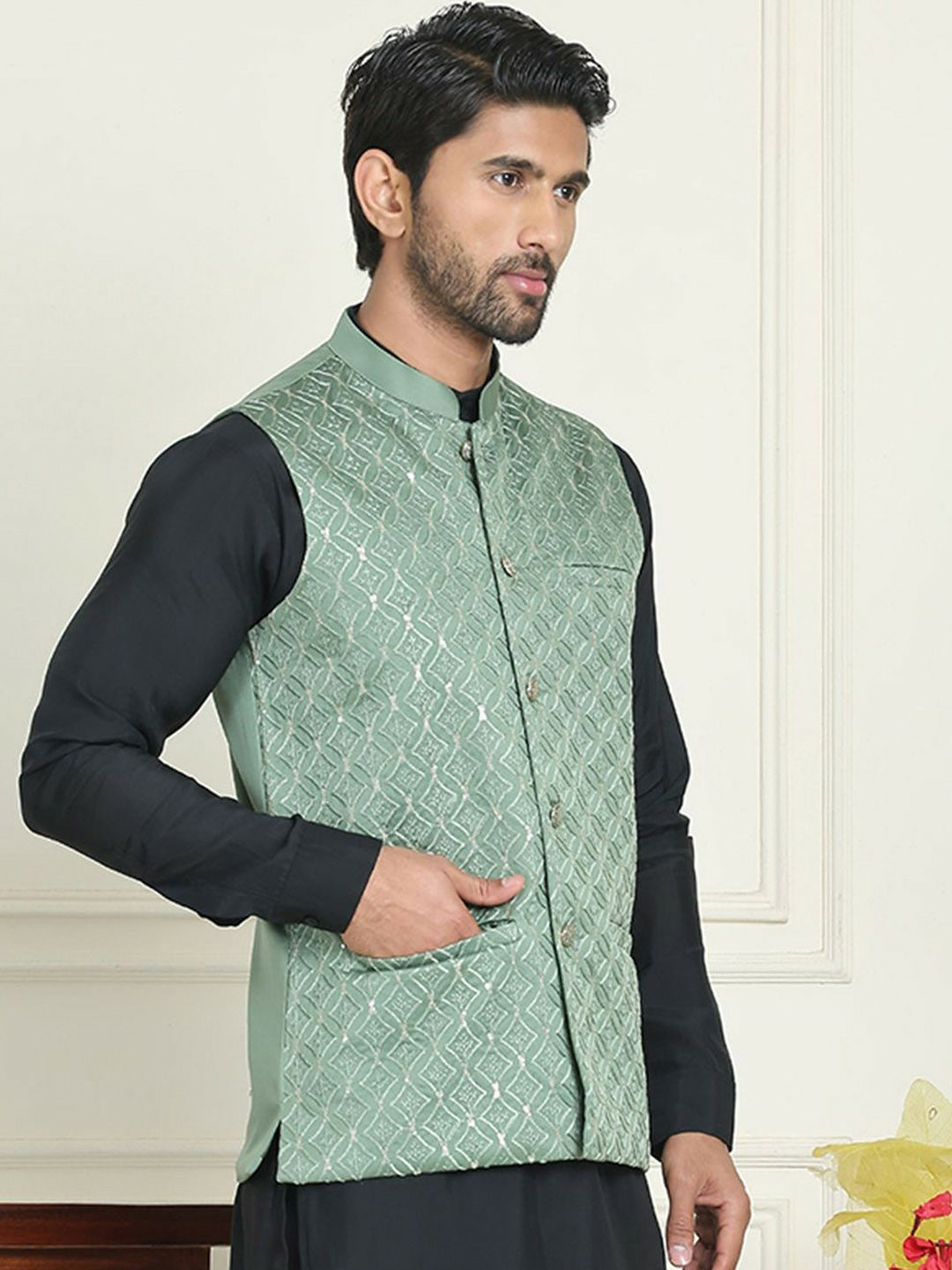 Men's Green Embroidered Silk Blend Nehru Jacket with Mandarin Collar