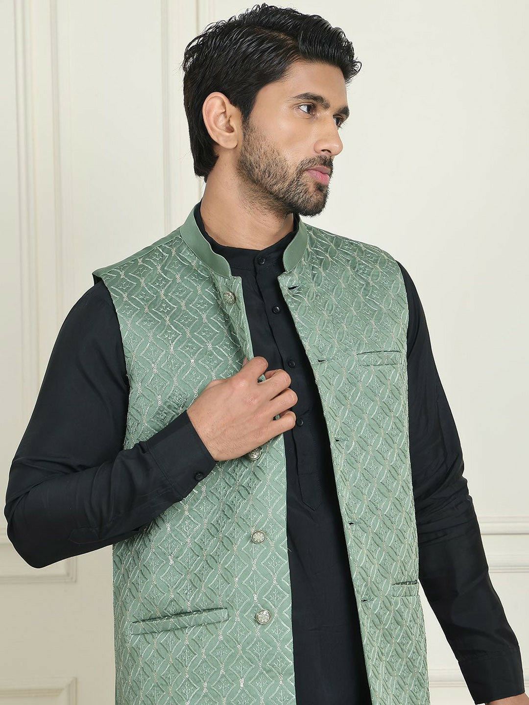 Men's Green Embroidered Silk Blend Nehru Jacket with Mandarin Collar