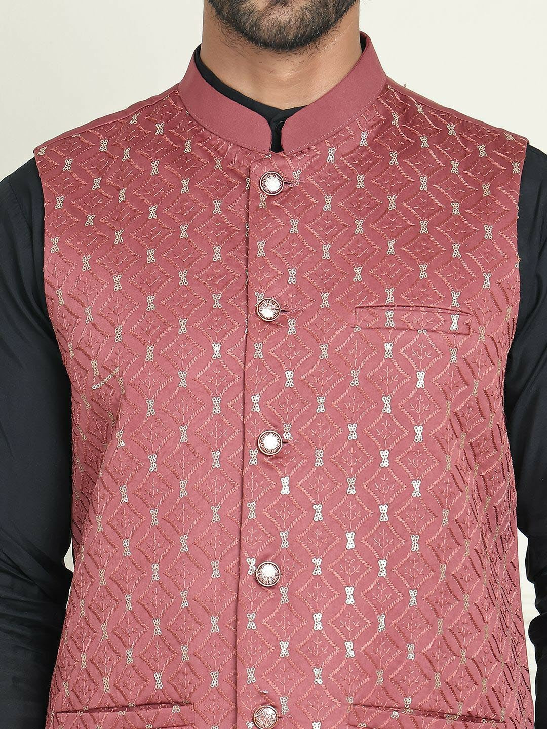 Men's Peach Embroidered Nehru Jacket in Silk Blend with Mandarin Collar