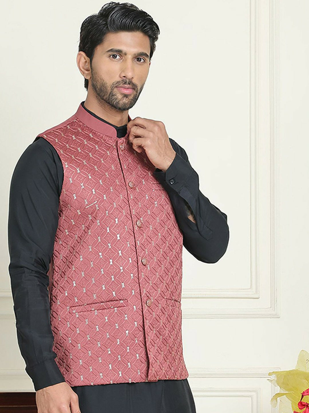 Men's Peach Embroidered Nehru Jacket in Silk Blend with Mandarin Collar