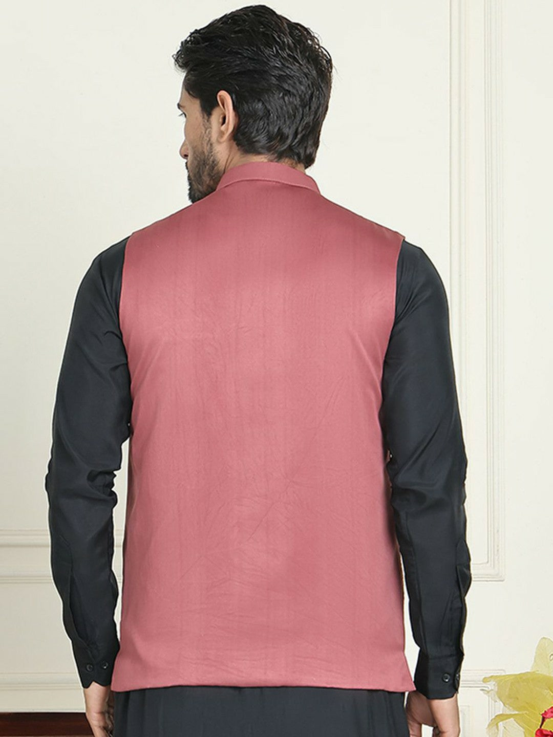Men's Peach Embroidered Nehru Jacket in Silk Blend with Mandarin Collar