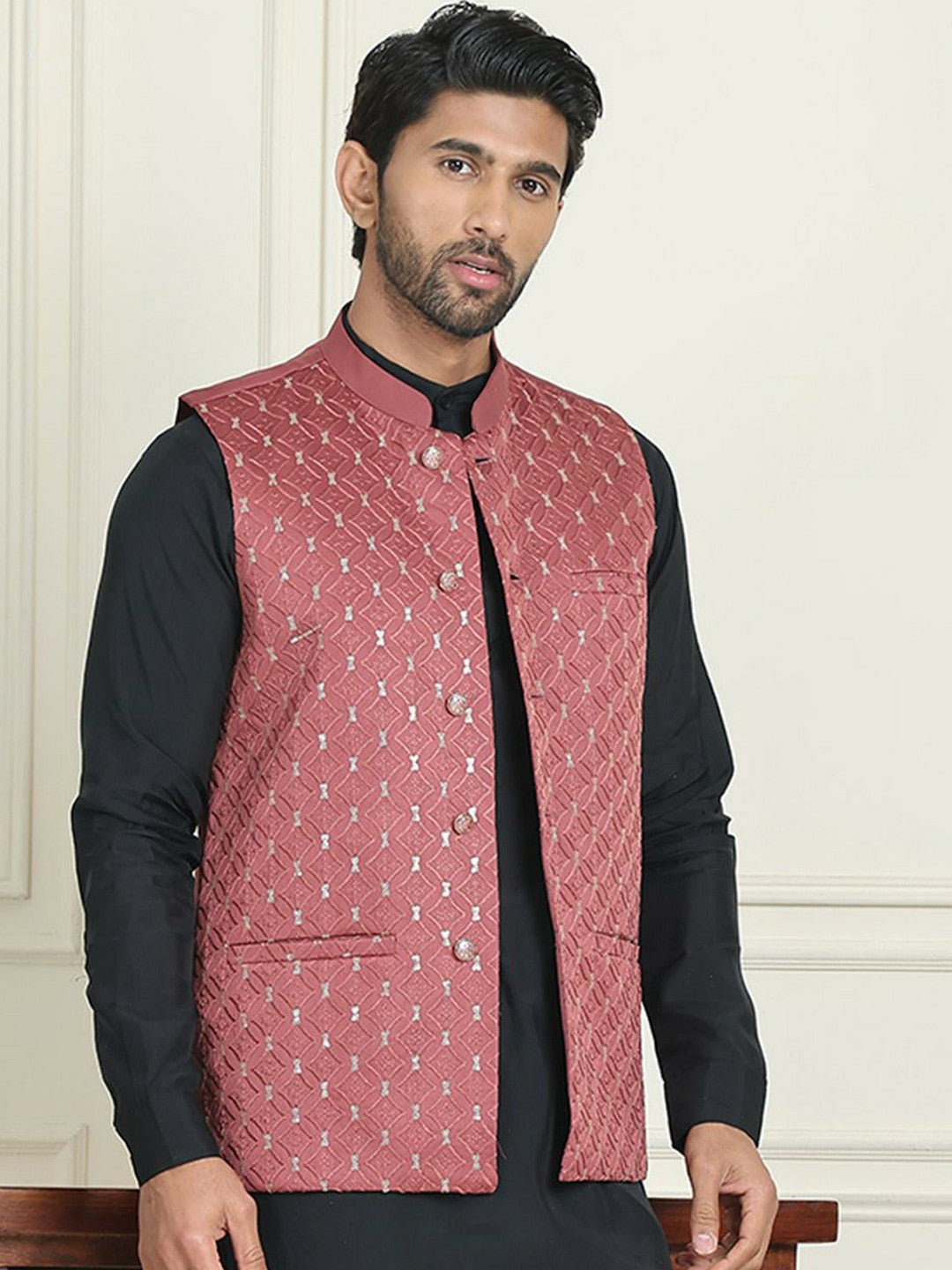 Men's Peach Embroidered Nehru Jacket in Silk Blend with Mandarin Collar