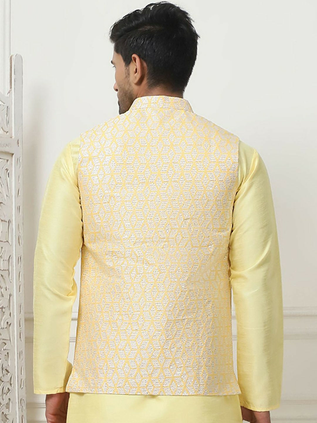 Men's Yellow Woven Nehru Jacket with Mandarin Collar & 3 Pockets