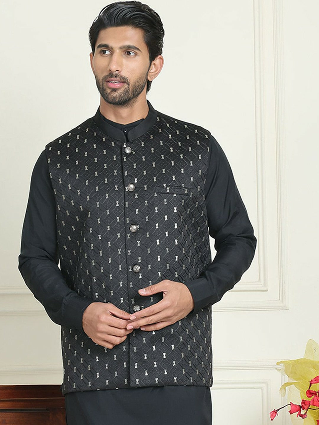 Men's Black & White Embroidered Nehru Jacket with Silk Blend Finish