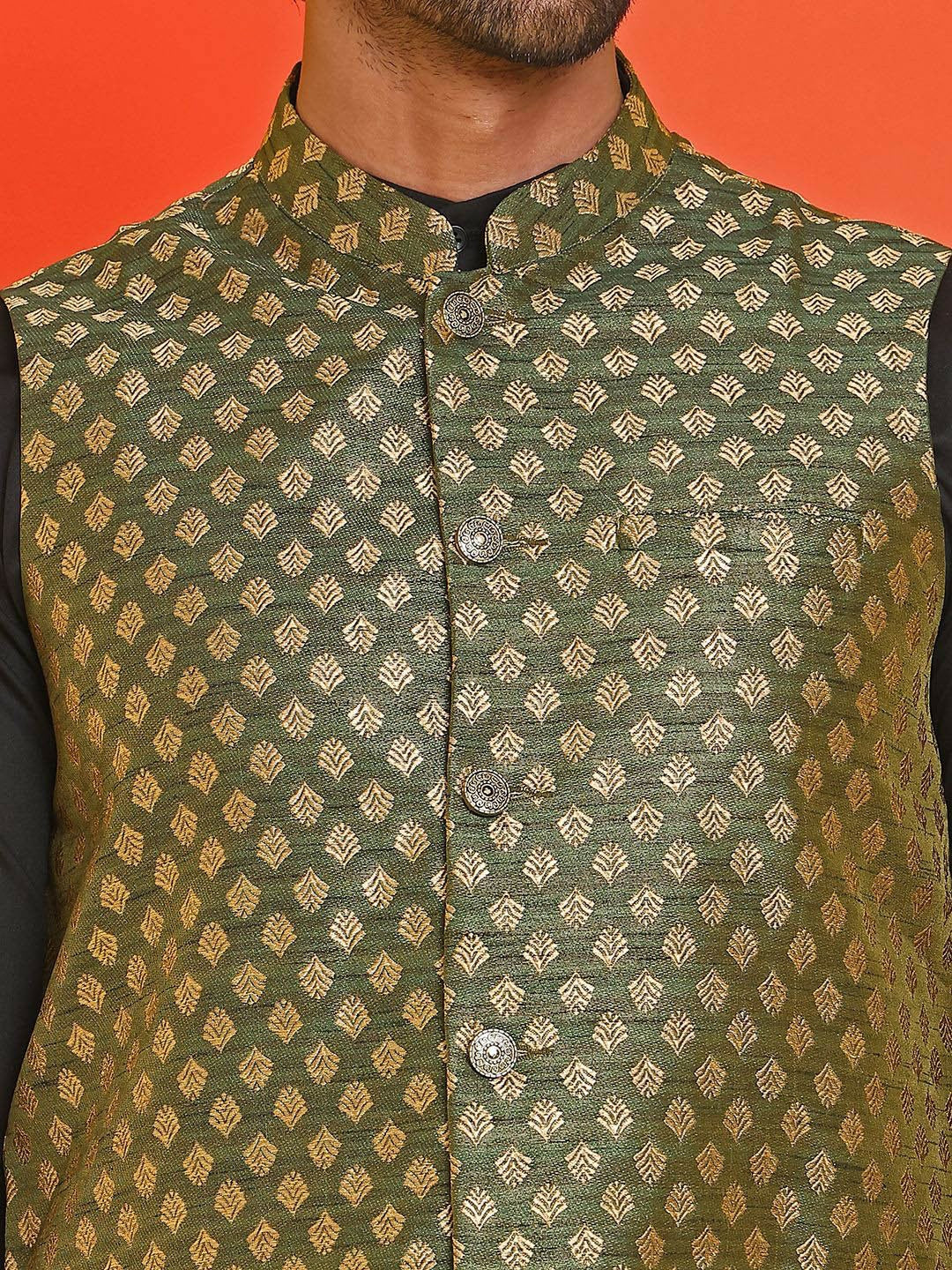 Men's Olive Green Printed Nehru Jacket in Silk Blend with Mandarin Collar