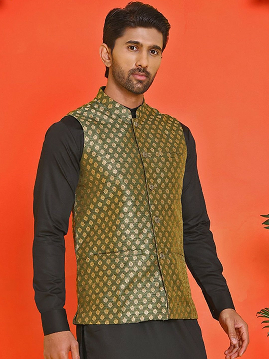 Men's Olive Green Printed Nehru Jacket in Silk Blend with Mandarin Collar