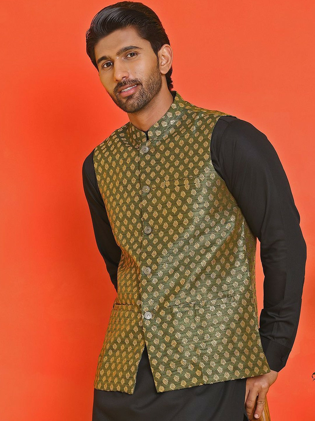 Men's Olive Green Printed Nehru Jacket in Silk Blend with Mandarin Collar