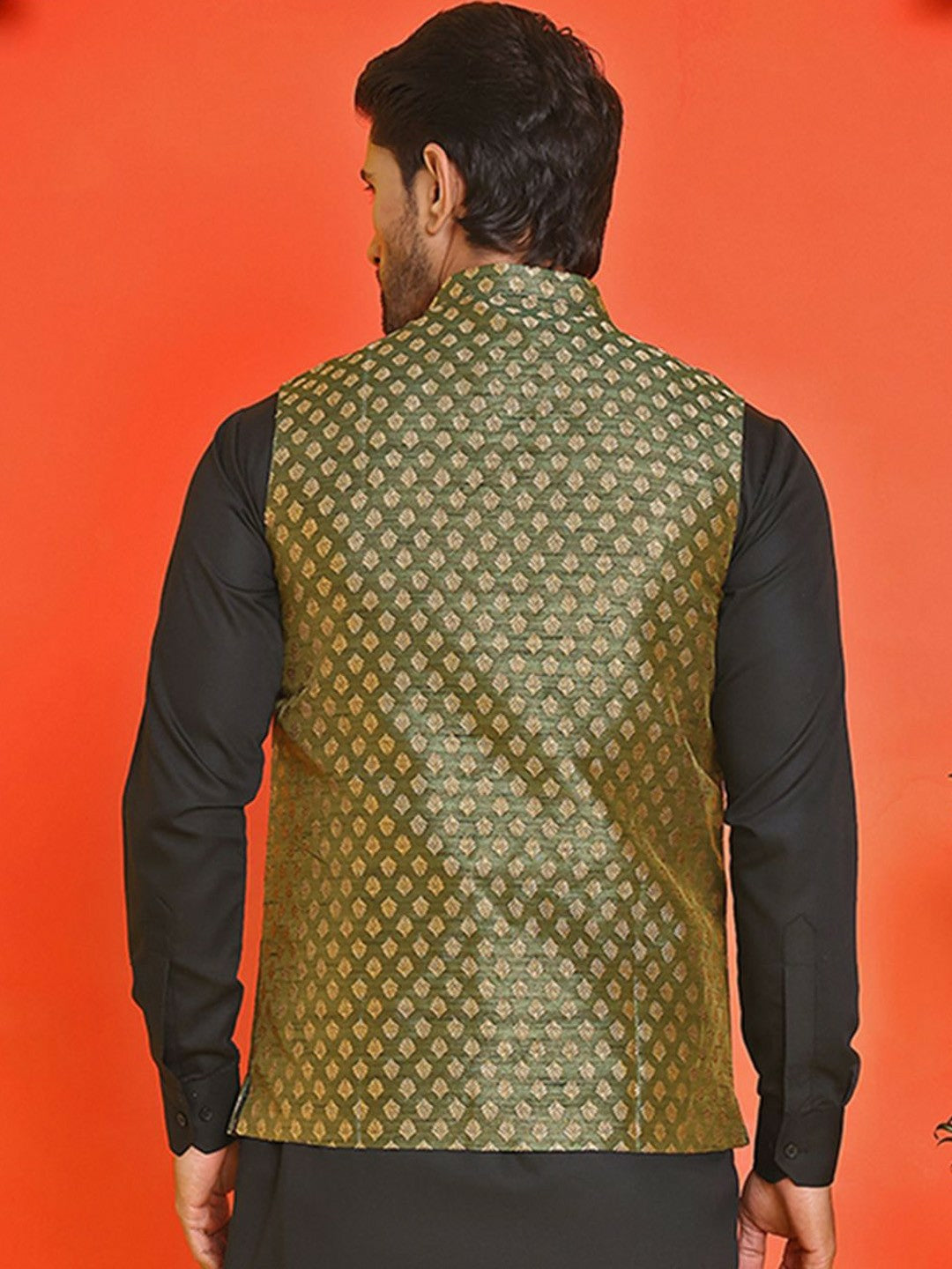 Men's Olive Green Printed Nehru Jacket in Silk Blend with Mandarin Collar