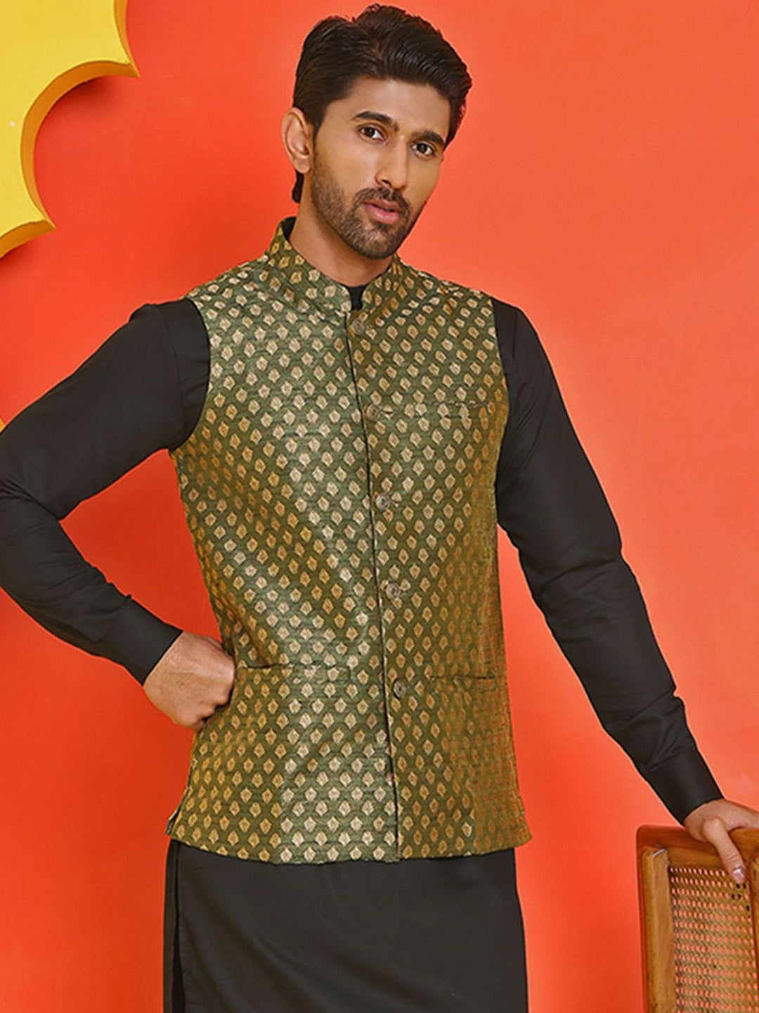 Men's Olive Green Printed Nehru Jacket in Silk Blend with Mandarin Collar
