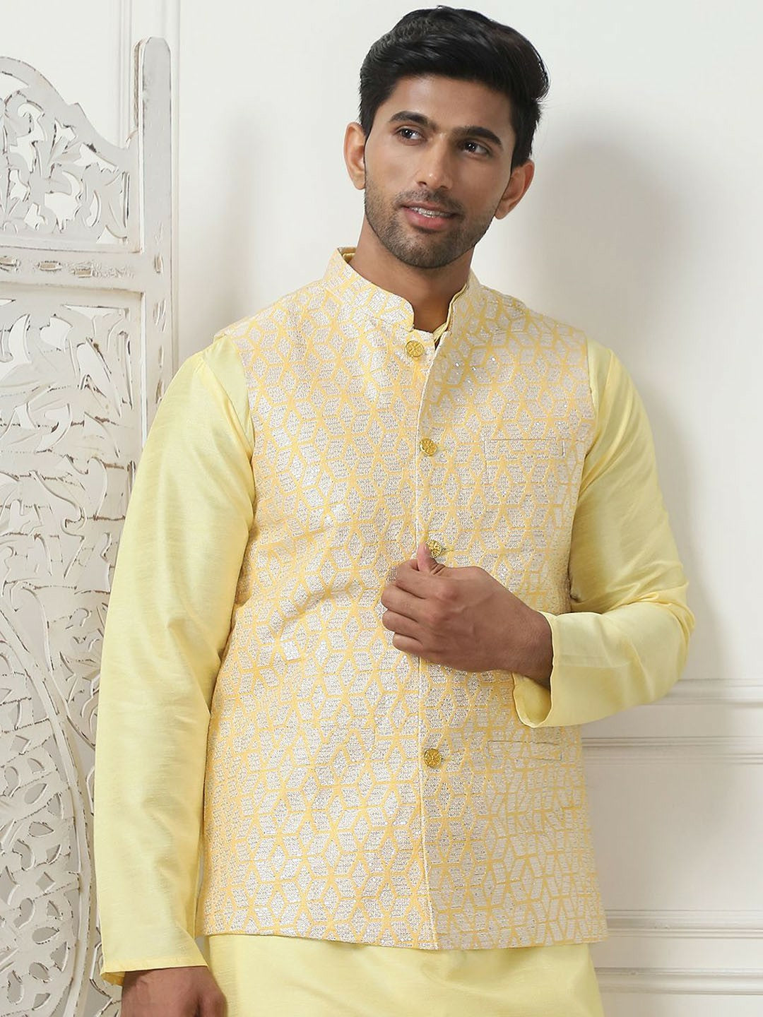 Men's Yellow Woven Nehru Jacket with Mandarin Collar & 3 Pockets
