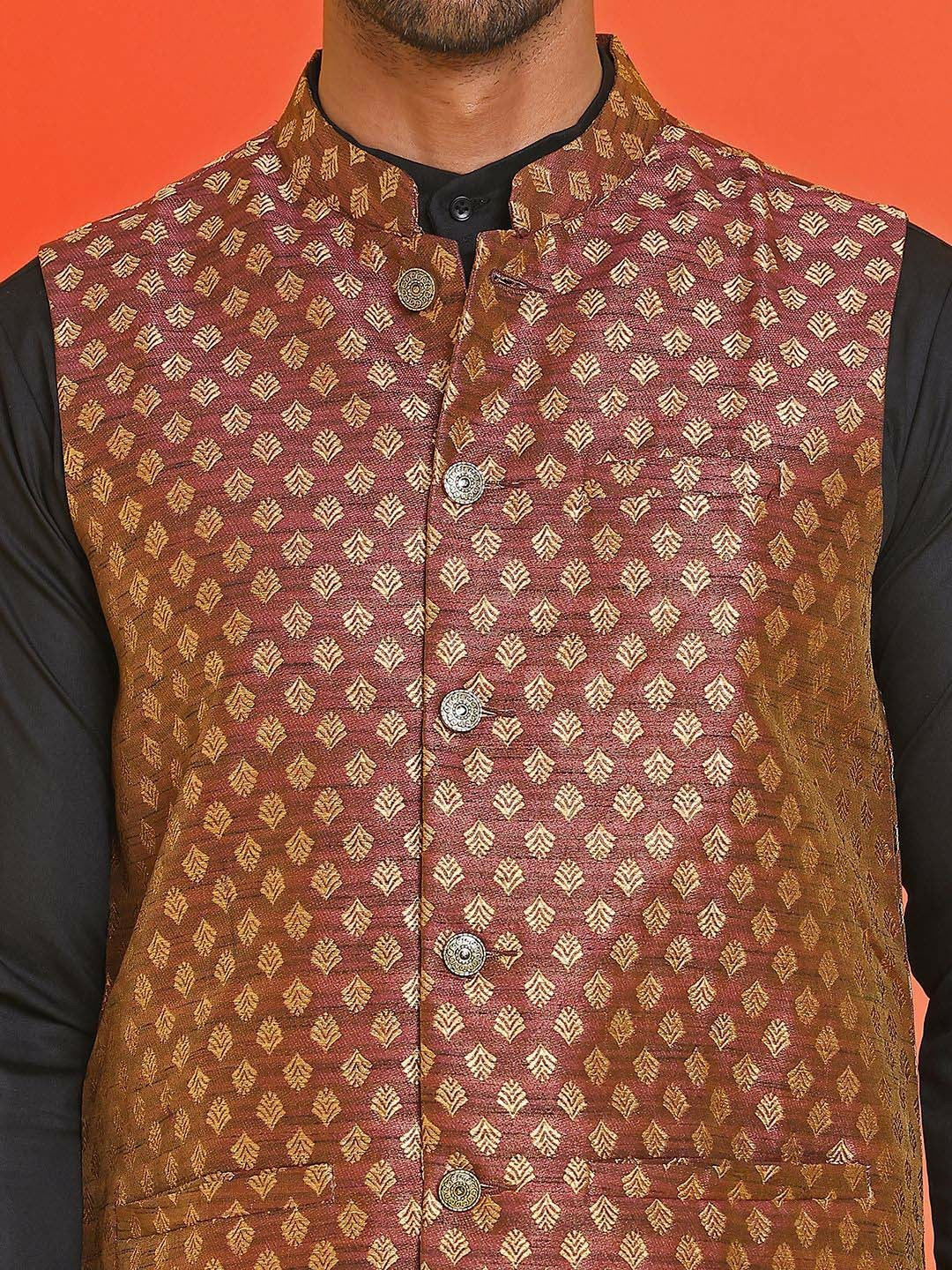 Men's Maroon Printed Silk Blend Nehru Jacket with Mandarin Collar