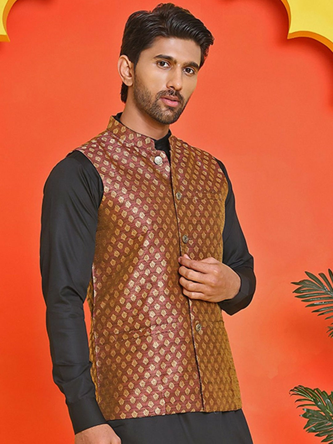 Men's Maroon Printed Silk Blend Nehru Jacket with Mandarin Collar