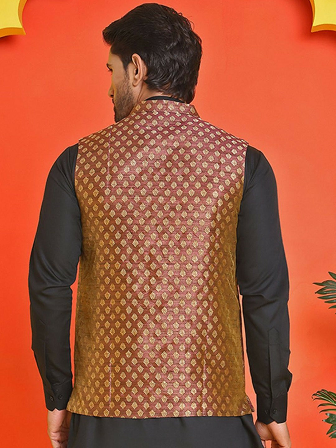 Men's Maroon Printed Silk Blend Nehru Jacket with Mandarin Collar