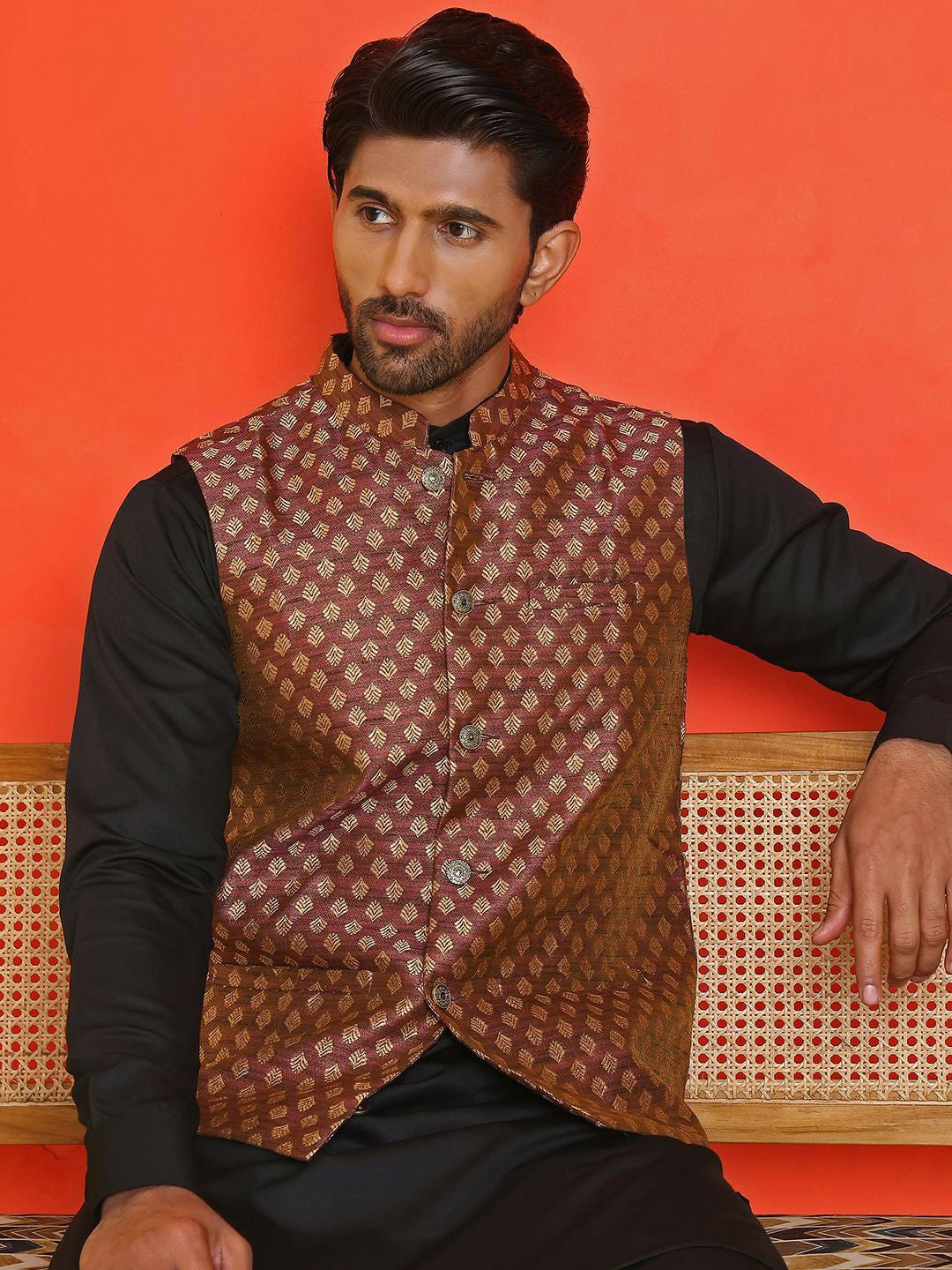 Men's Maroon Printed Silk Blend Nehru Jacket with Mandarin Collar