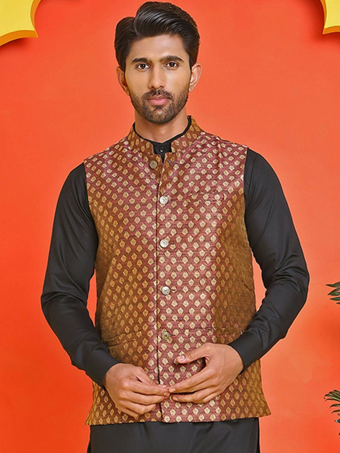 Men's Maroon Printed Silk Blend Nehru Jacket with Mandarin Collar