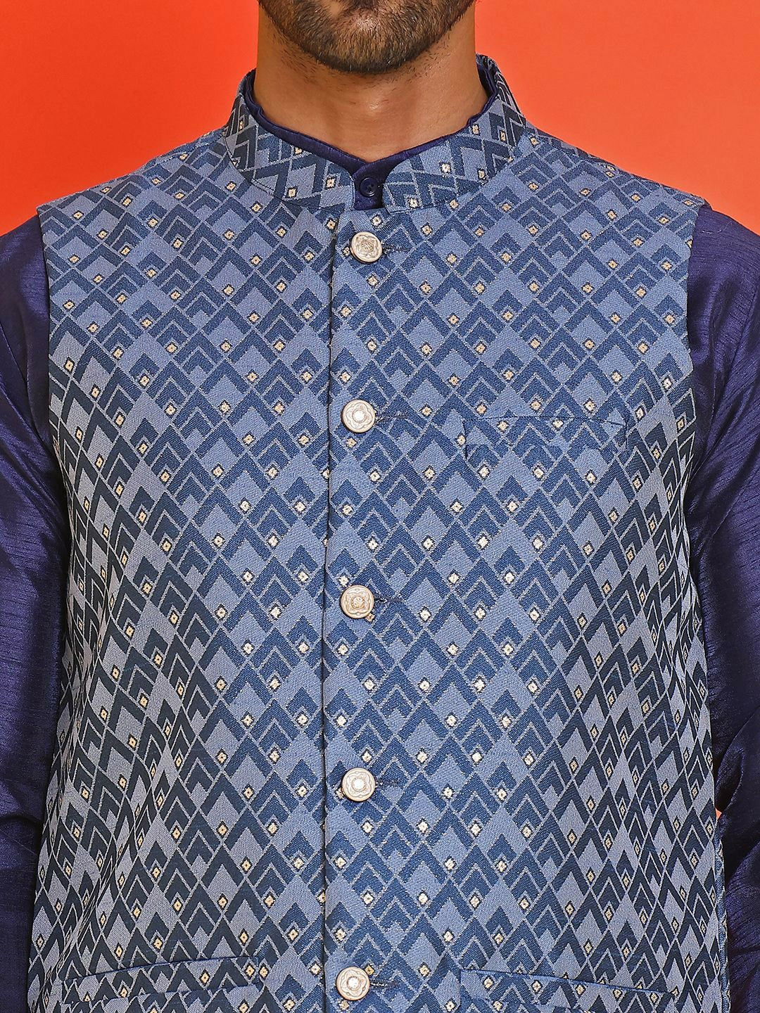 Men's Blue Printed Kurta with Churidar & Nehru Jacket – Silk Blend Set