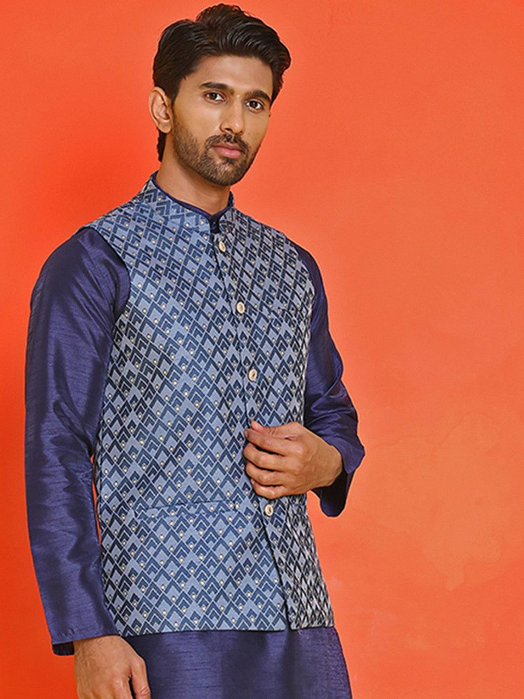 Men's Blue Printed Kurta with Churidar & Nehru Jacket – Silk Blend Set