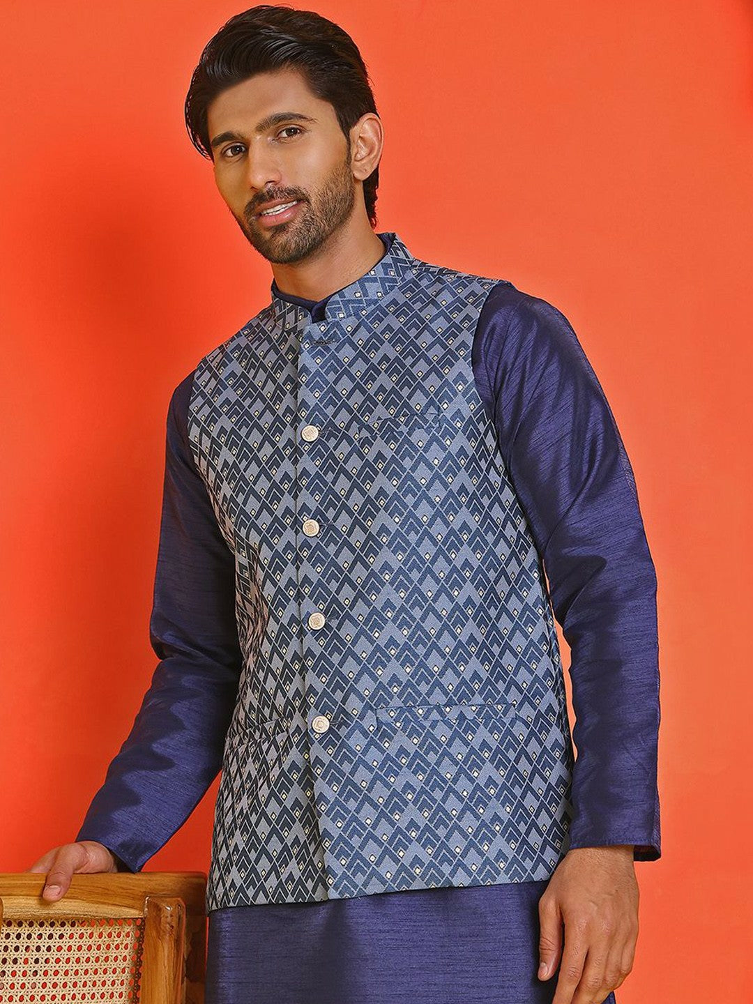 Men's Blue Printed Kurta with Churidar & Nehru Jacket – Silk Blend Set