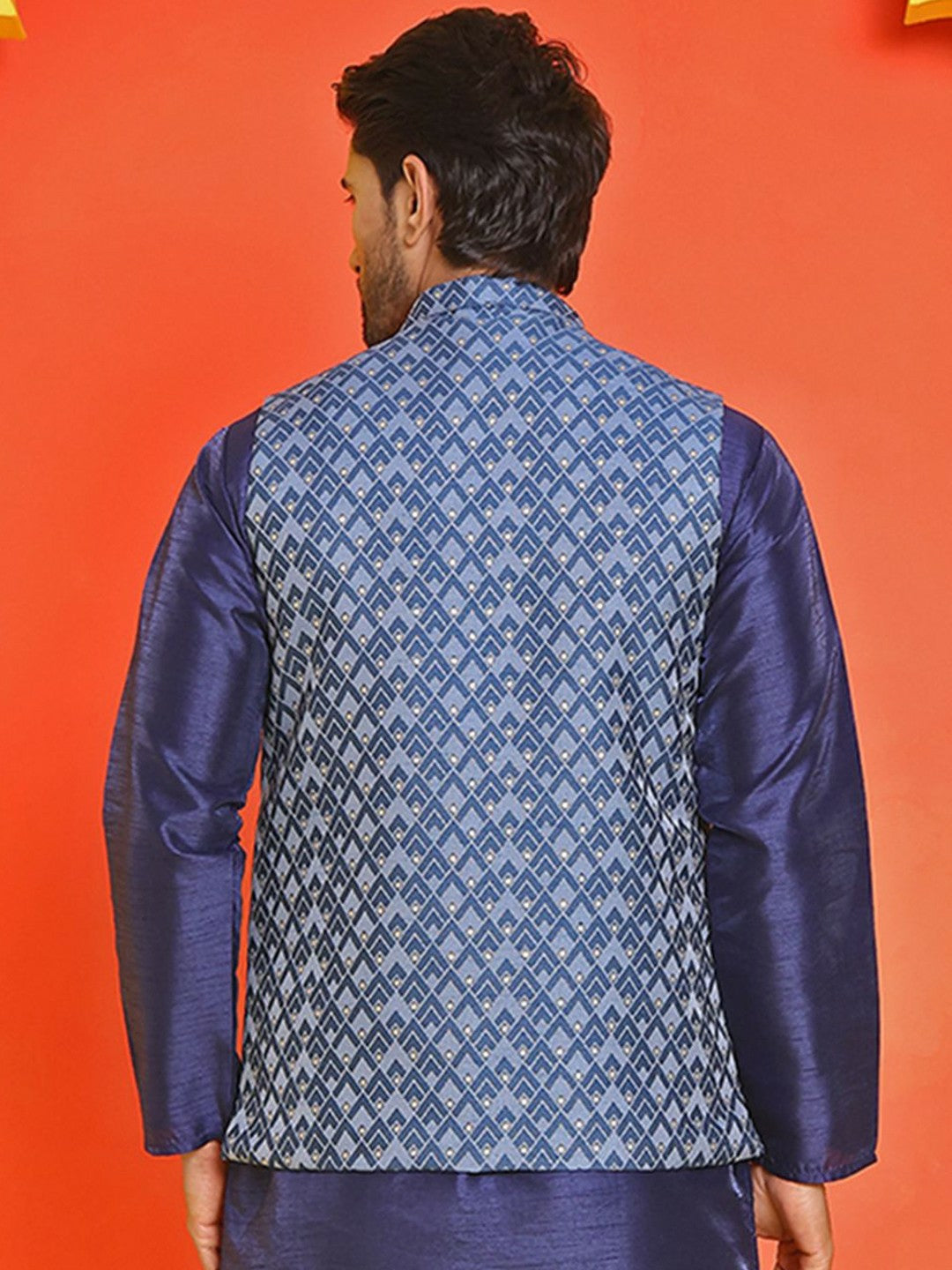 Men's Blue Printed Kurta with Churidar & Nehru Jacket – Silk Blend Set