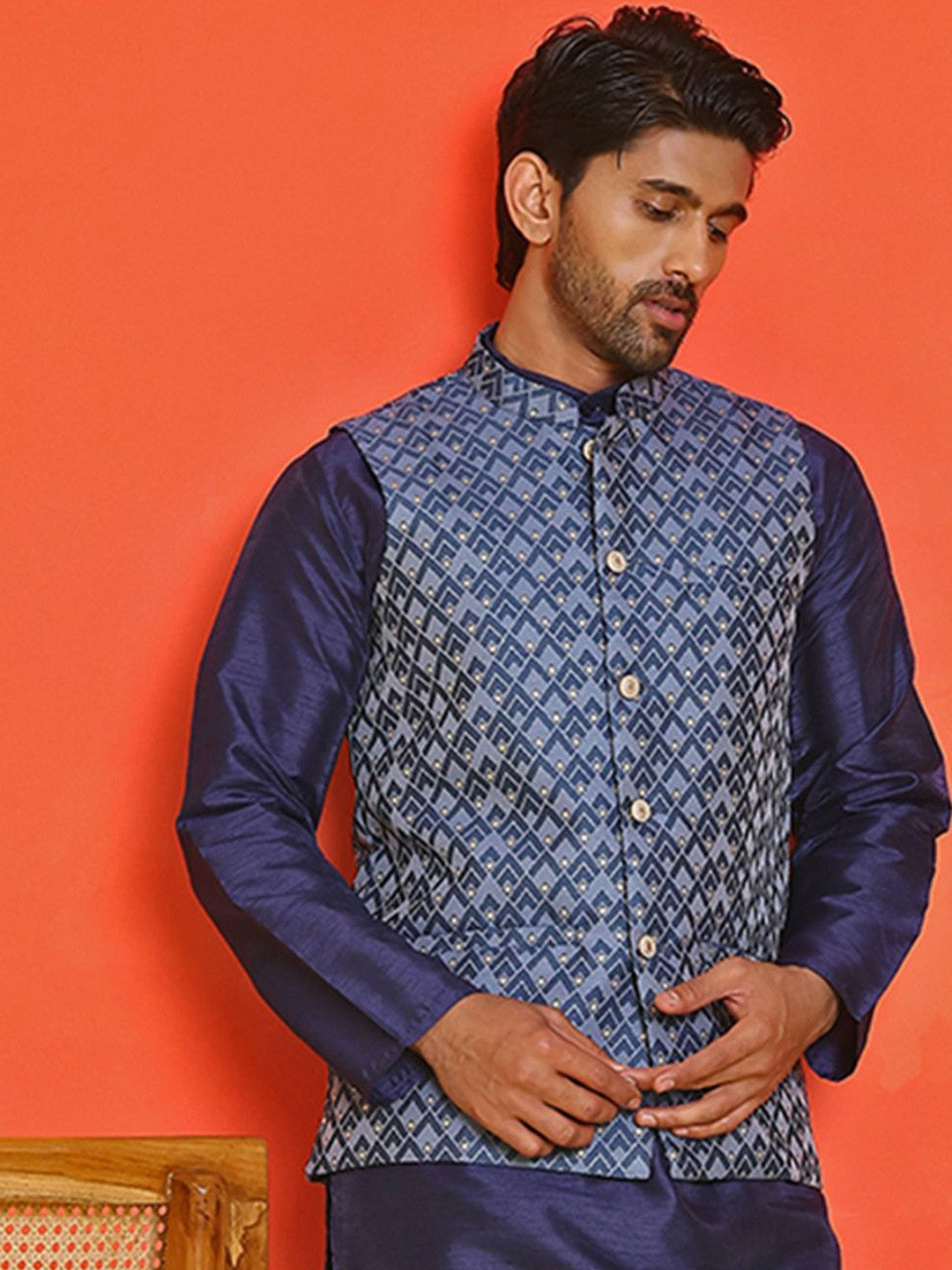 Men's Blue Printed Kurta with Churidar & Nehru Jacket – Silk Blend Set