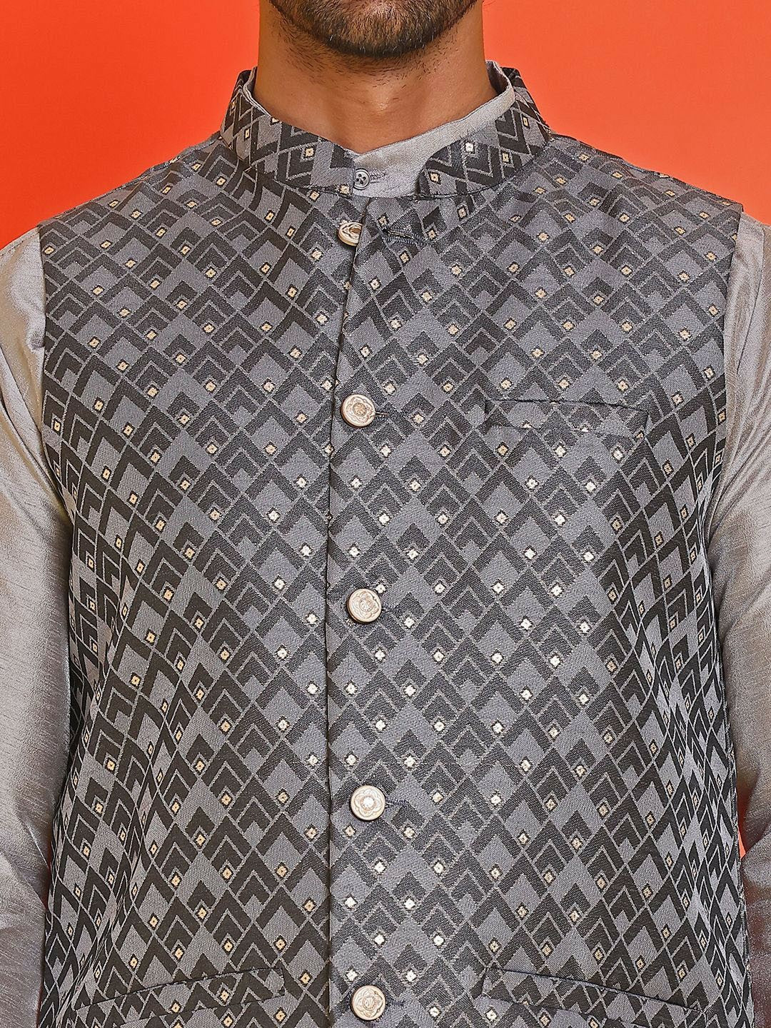 Men's Grey Printed Nehru Jacket in Silk Blend with Mandarin Collar