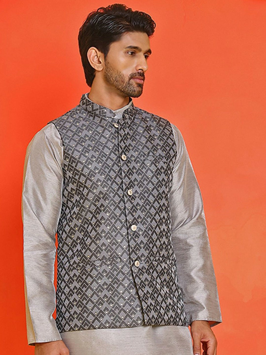 Men's Grey Printed Nehru Jacket in Silk Blend with Mandarin Collar