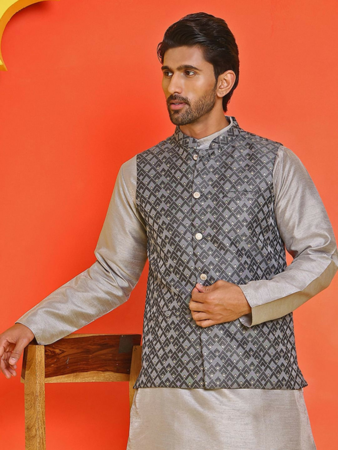 Men's Grey Printed Nehru Jacket in Silk Blend with Mandarin Collar