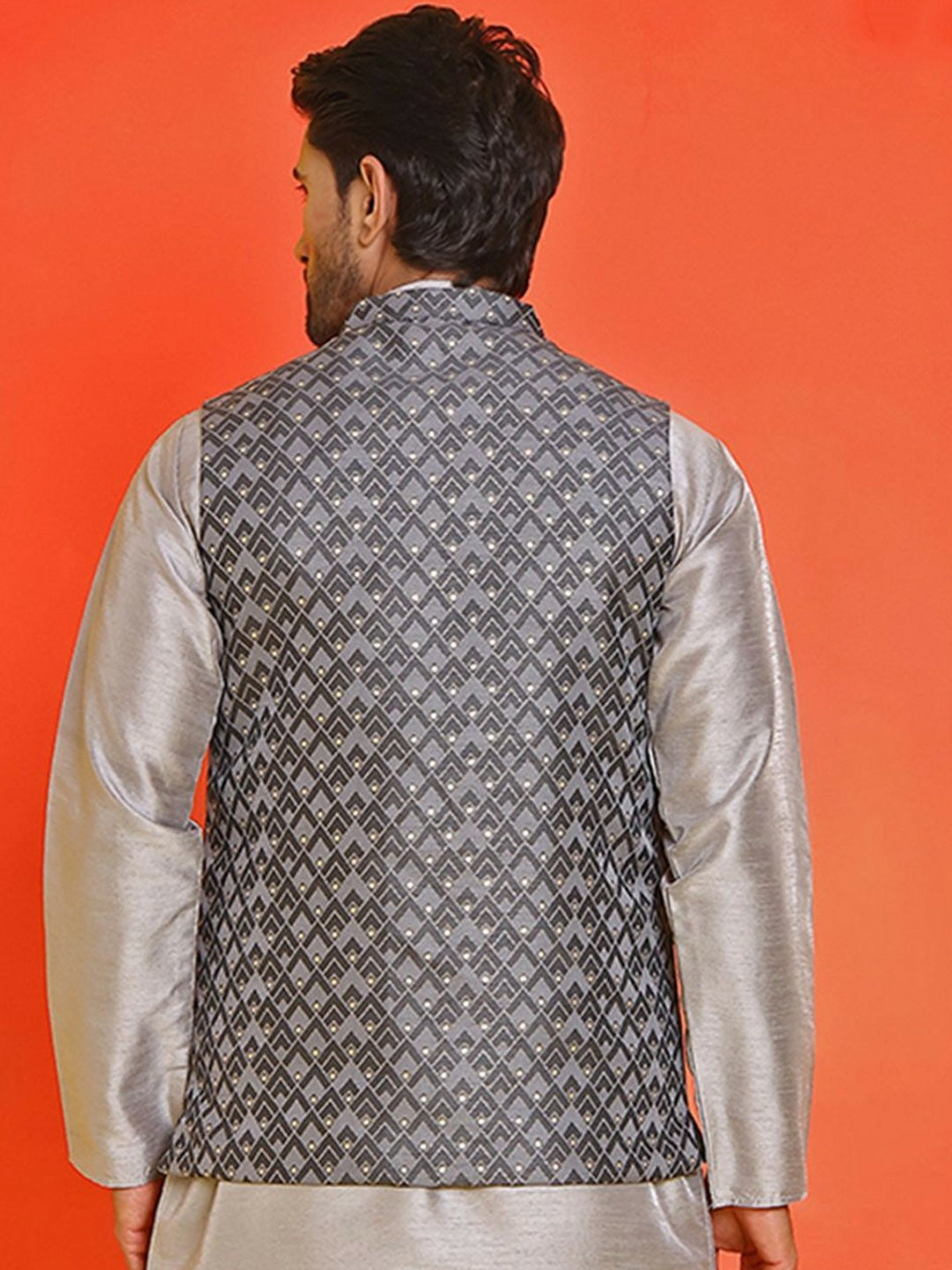 Men's Grey Printed Nehru Jacket in Silk Blend with Mandarin Collar