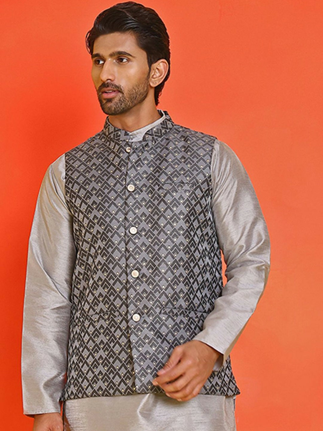 Men's Grey Printed Nehru Jacket in Silk Blend with Mandarin Collar
