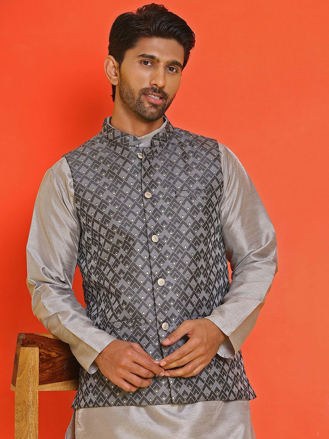 Men's Grey Printed Nehru Jacket in Silk Blend with Mandarin Collar