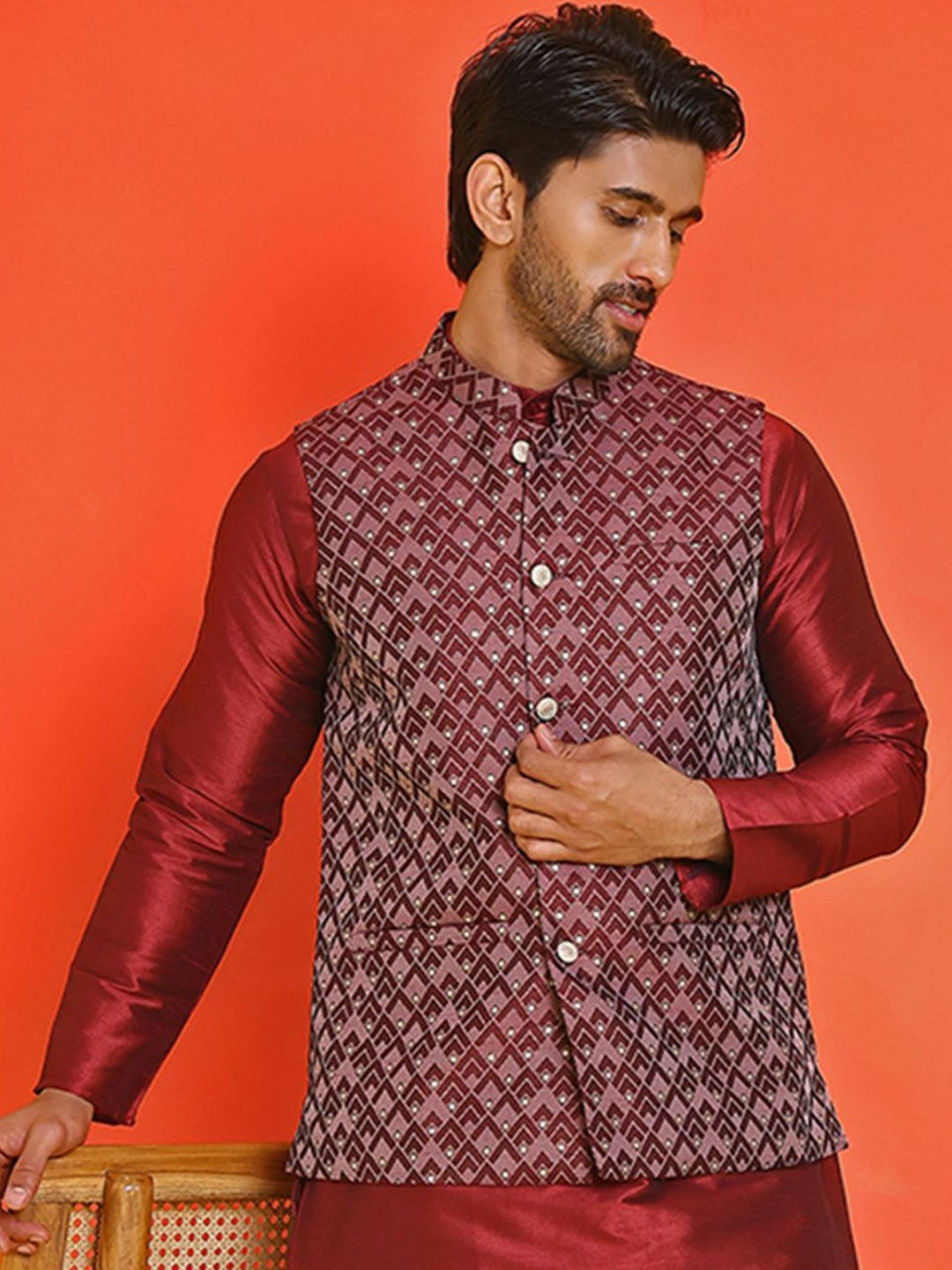 Men's Maroon Printed Nehru Jacket in Silk Blend with Mandarin Collar