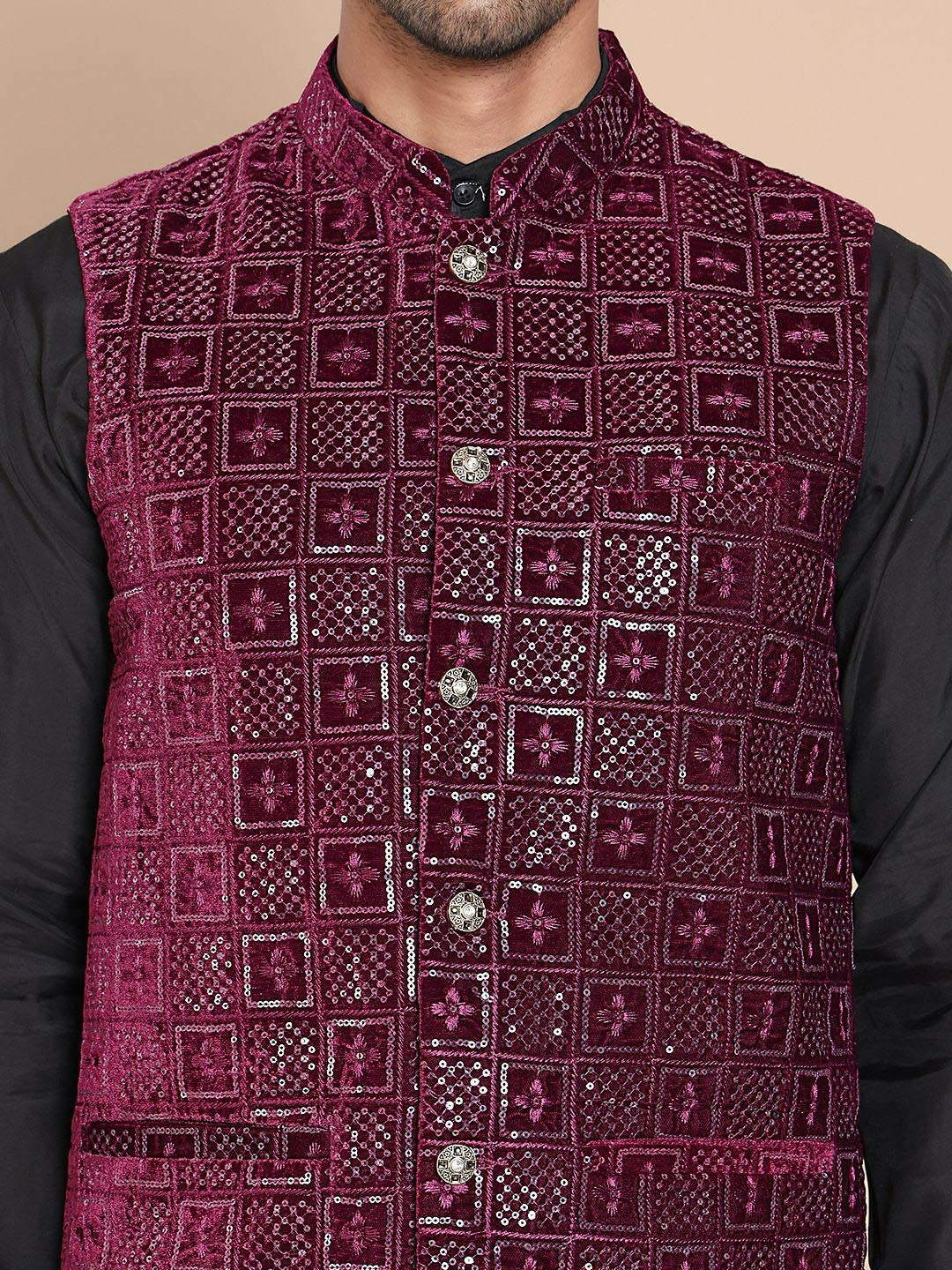 Men's Maroon Embroidered Velvet Nehru Jacket with Mandarin Collar