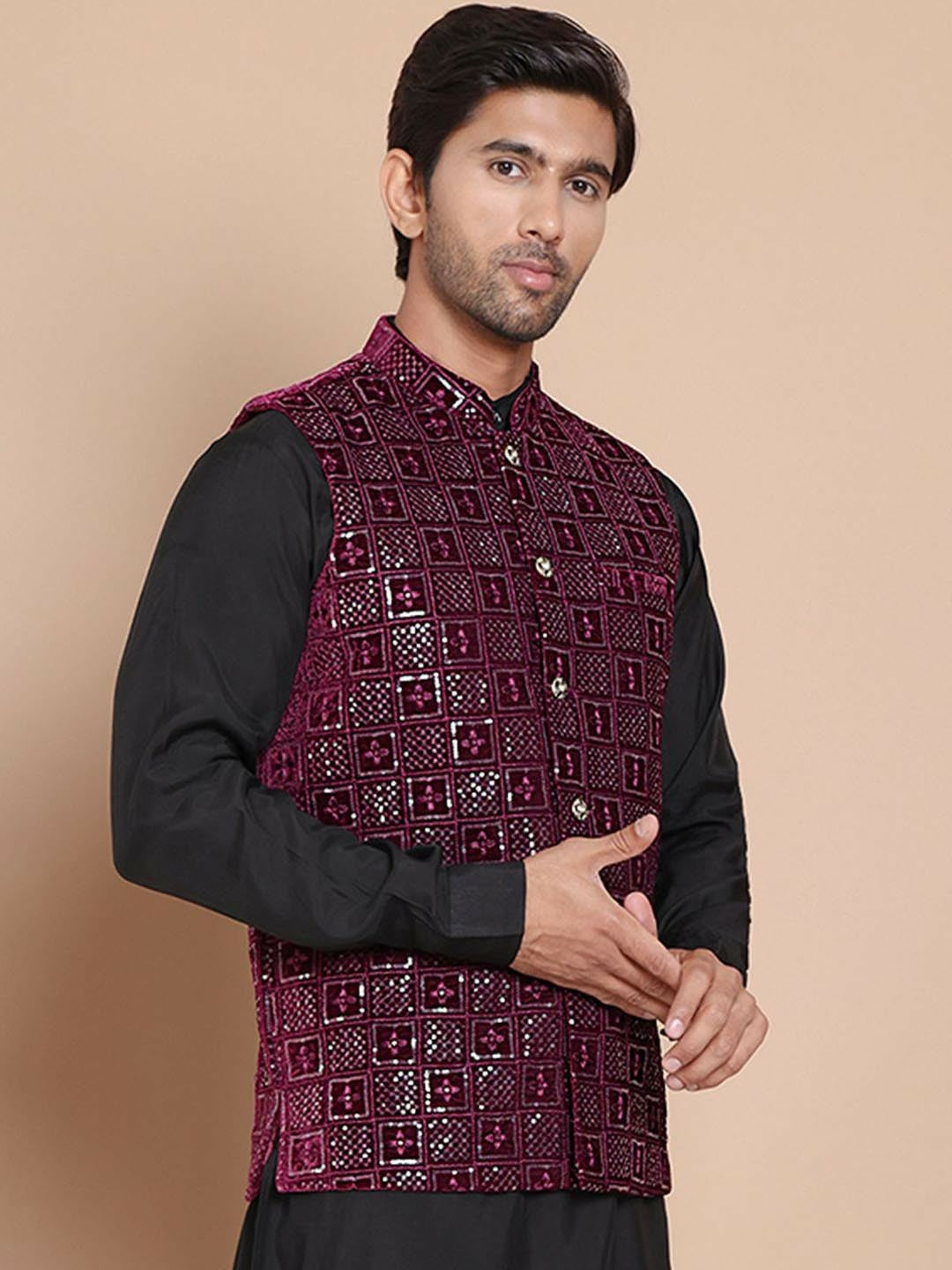Men's Maroon Embroidered Velvet Nehru Jacket with Mandarin Collar
