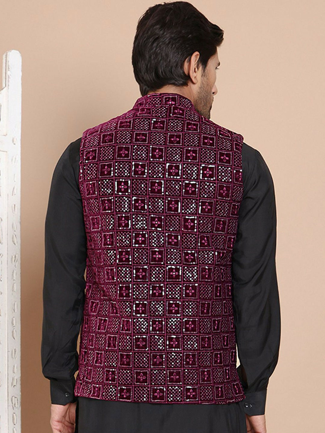 Men's Maroon Embroidered Velvet Nehru Jacket with Mandarin Collar