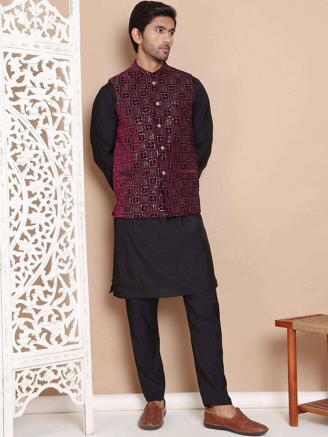 Men's Maroon Embroidered Velvet Nehru Jacket with Mandarin Collar