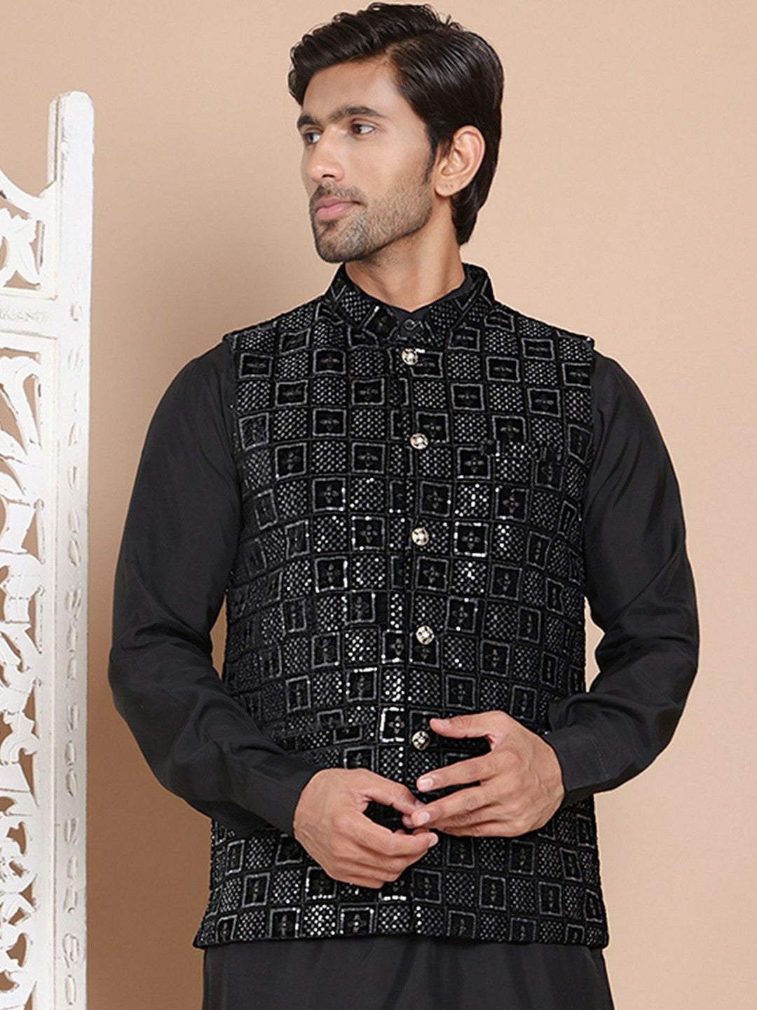 Men's Black Embroidered Velvet Nehru Jacket with Mandarin Collar