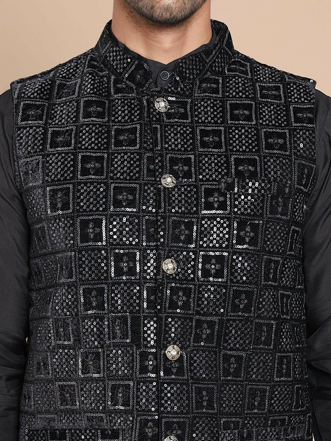Men's Black Embroidered Velvet Nehru Jacket with Mandarin Collar