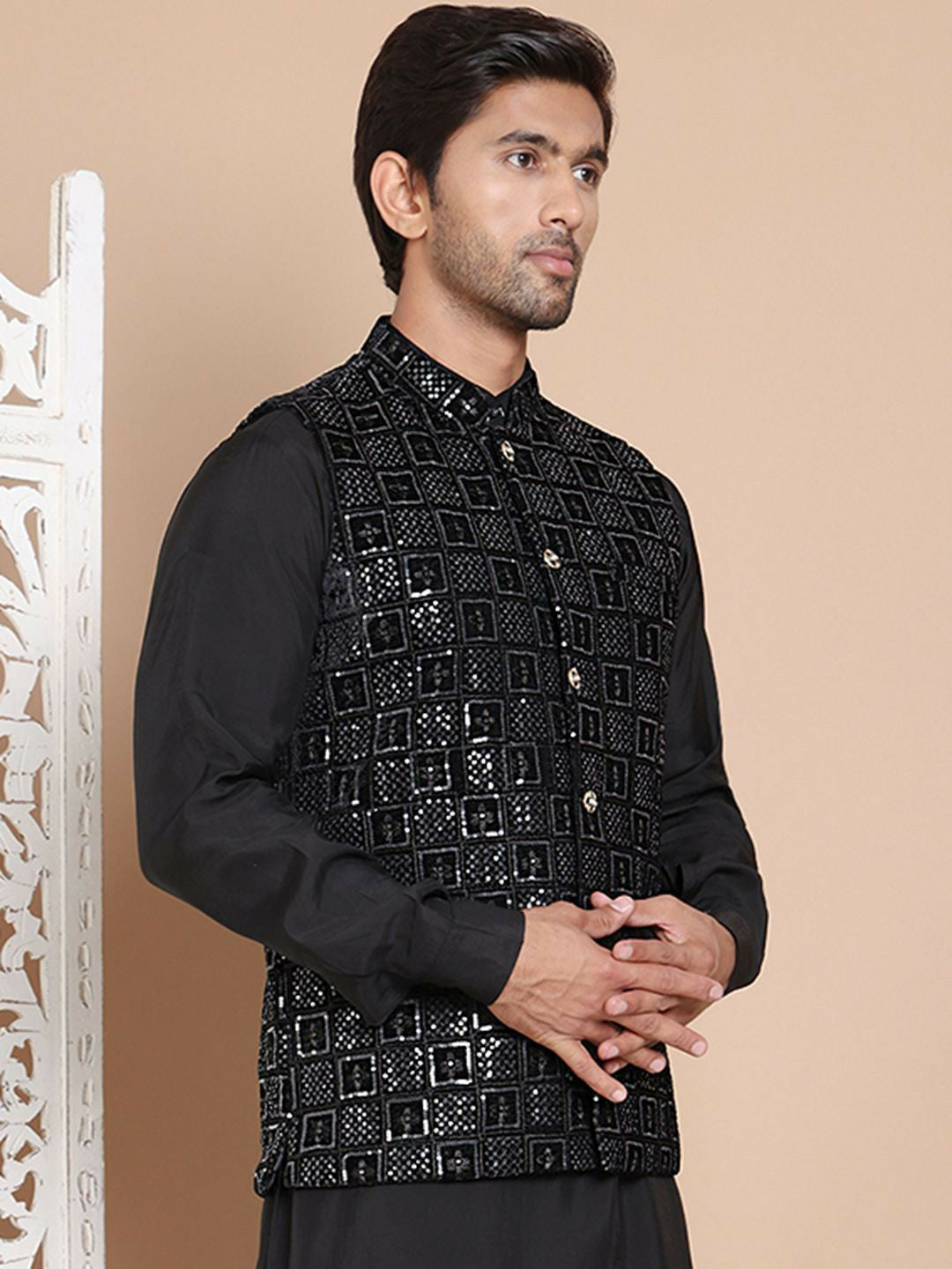 Men's Black Embroidered Velvet Nehru Jacket with Mandarin Collar