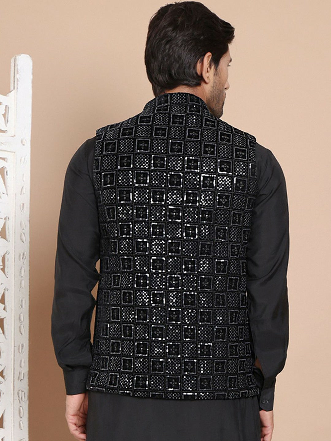 Men's Black Embroidered Velvet Nehru Jacket with Mandarin Collar