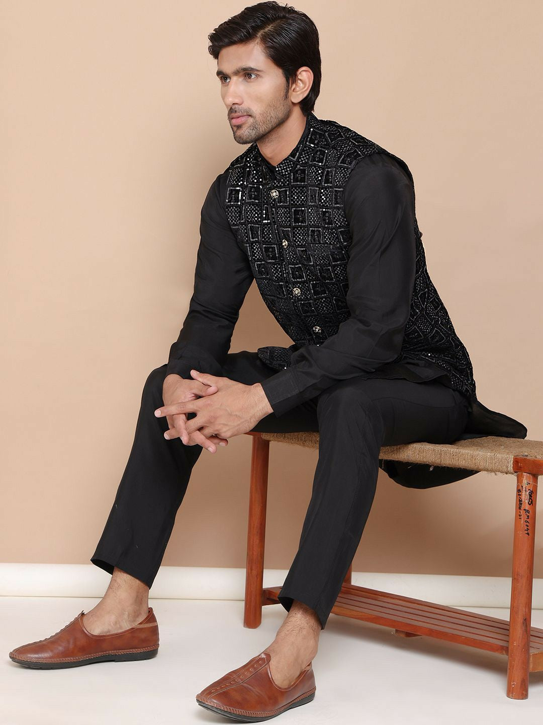 Men's Black Embroidered Velvet Nehru Jacket with Mandarin Collar