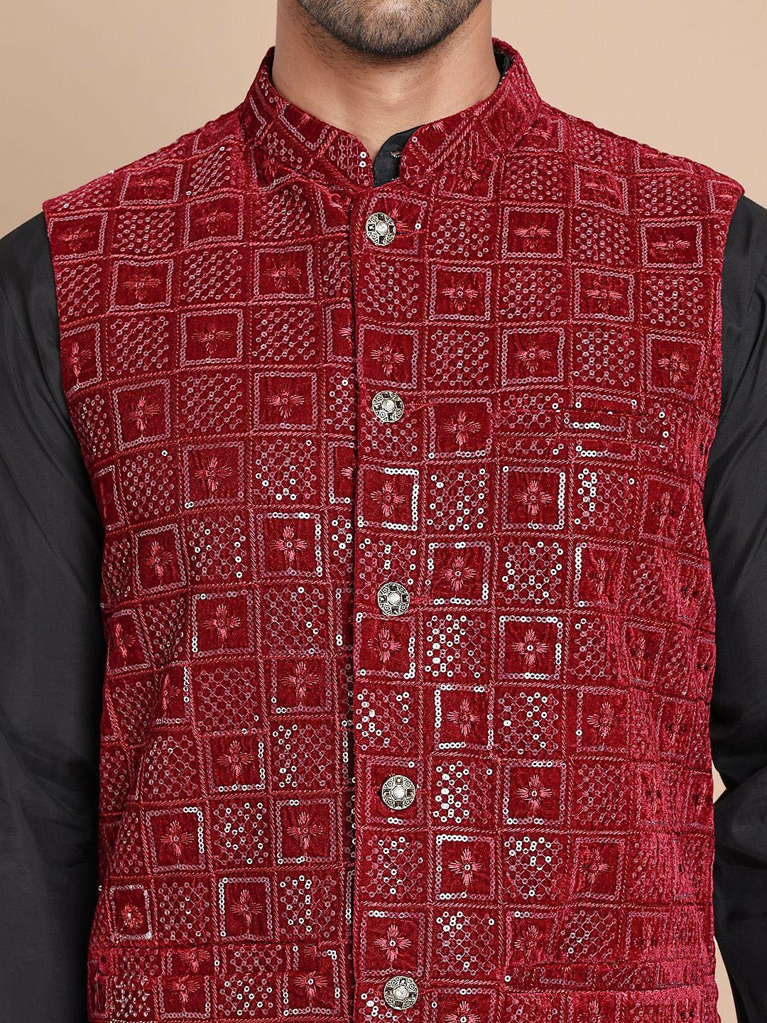 Men's Maroon Velvet Nehru Jacket with Embroidery & Mandarin Collar