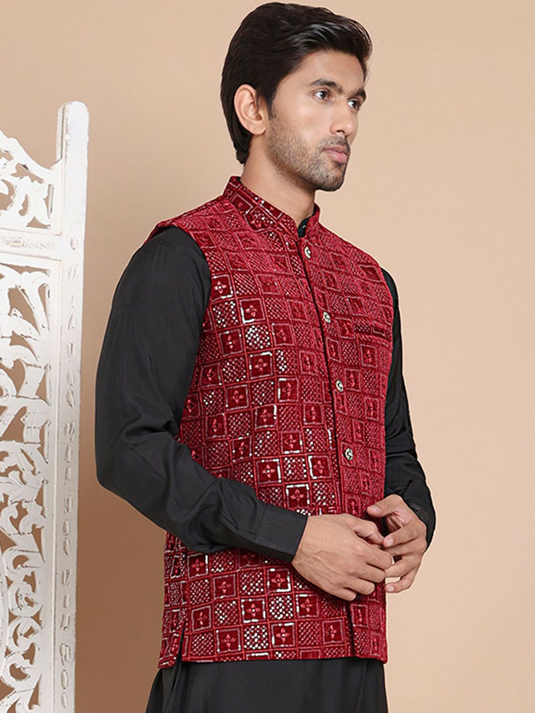Men's Maroon Velvet Nehru Jacket with Embroidery & Mandarin Collar