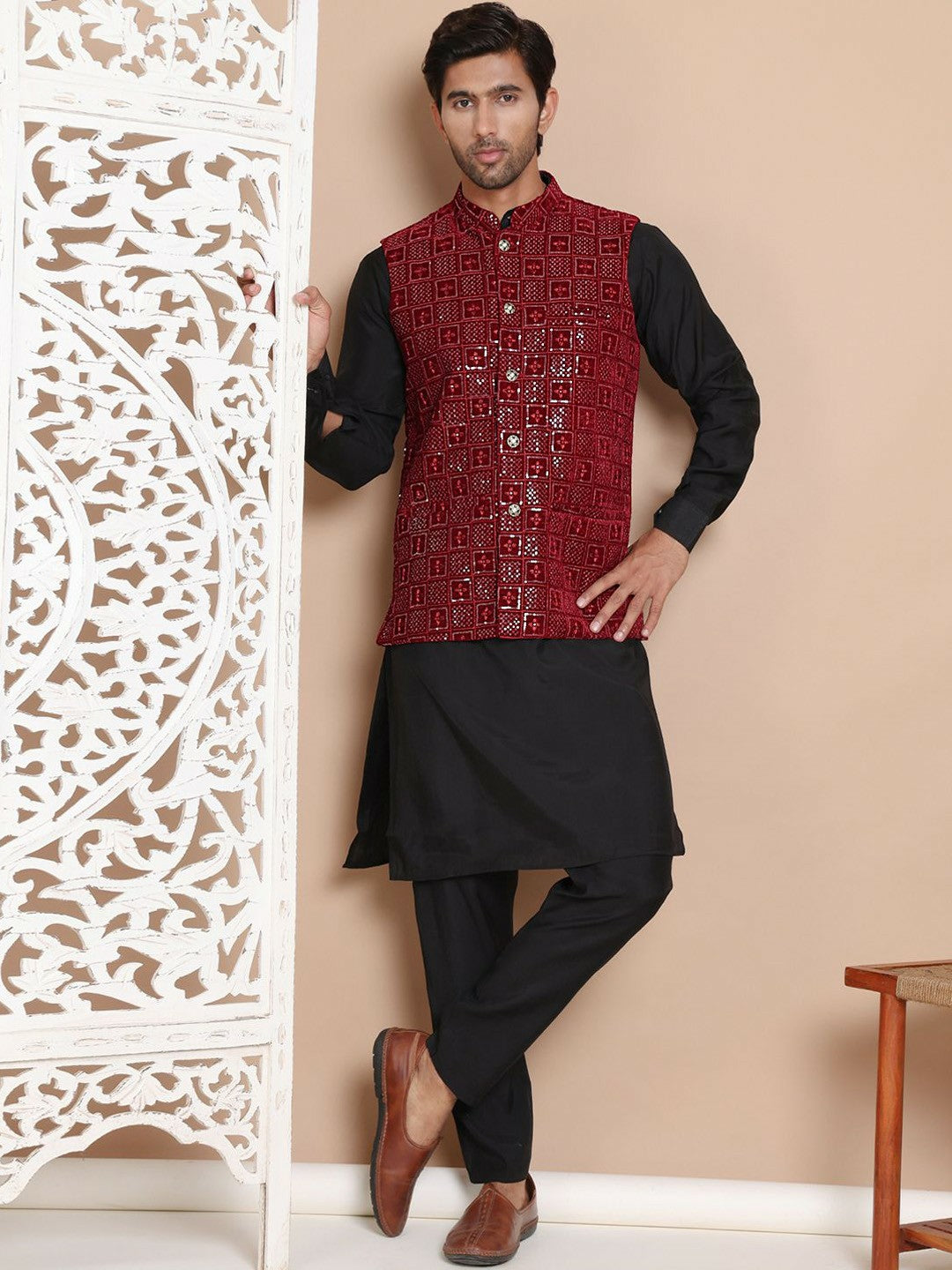 Men's Maroon Velvet Nehru Jacket with Embroidery & Mandarin Collar