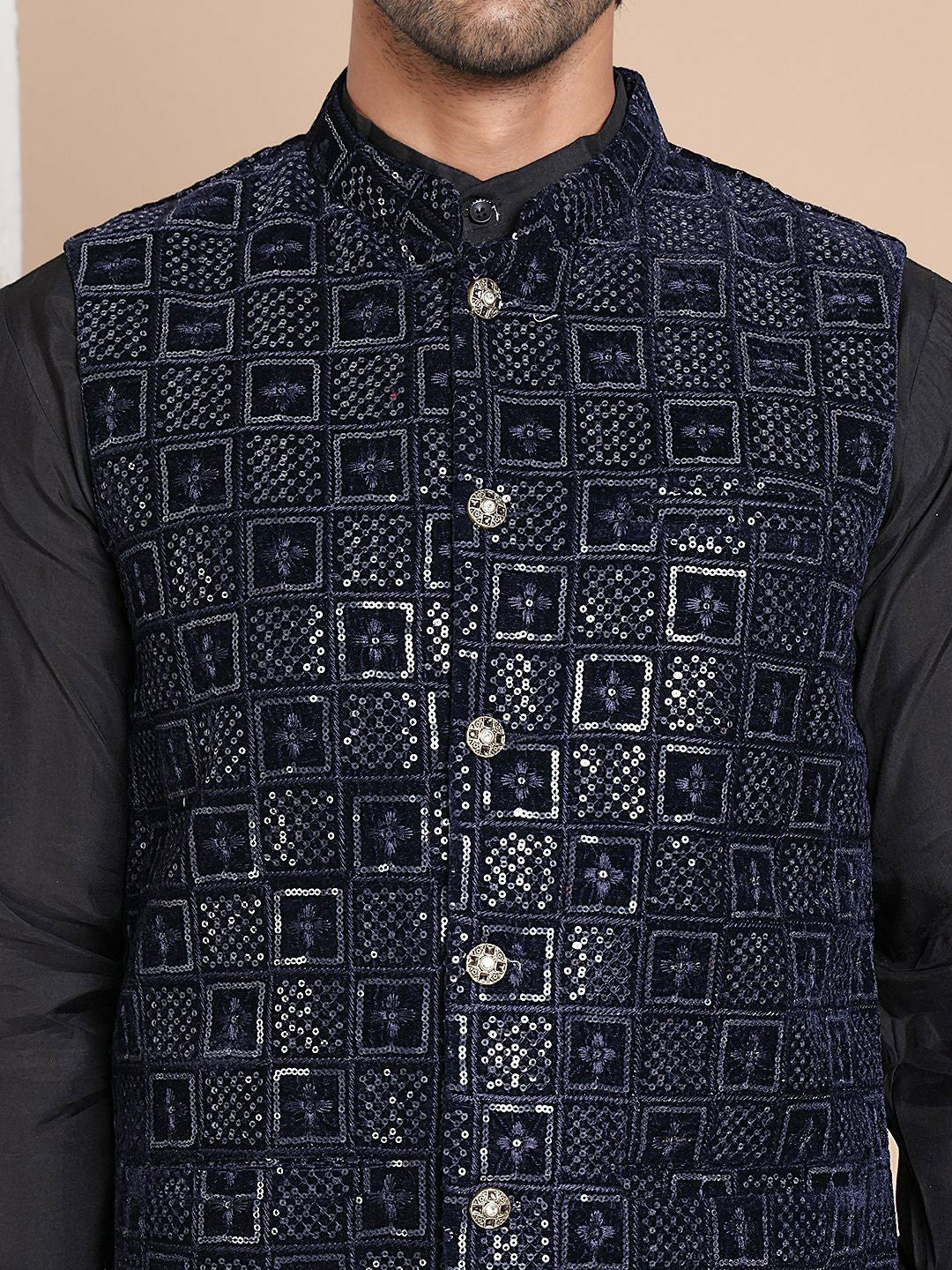 Men's Navy Blue Velvet Nehru Jacket with Embroidery & Mandarin Collar