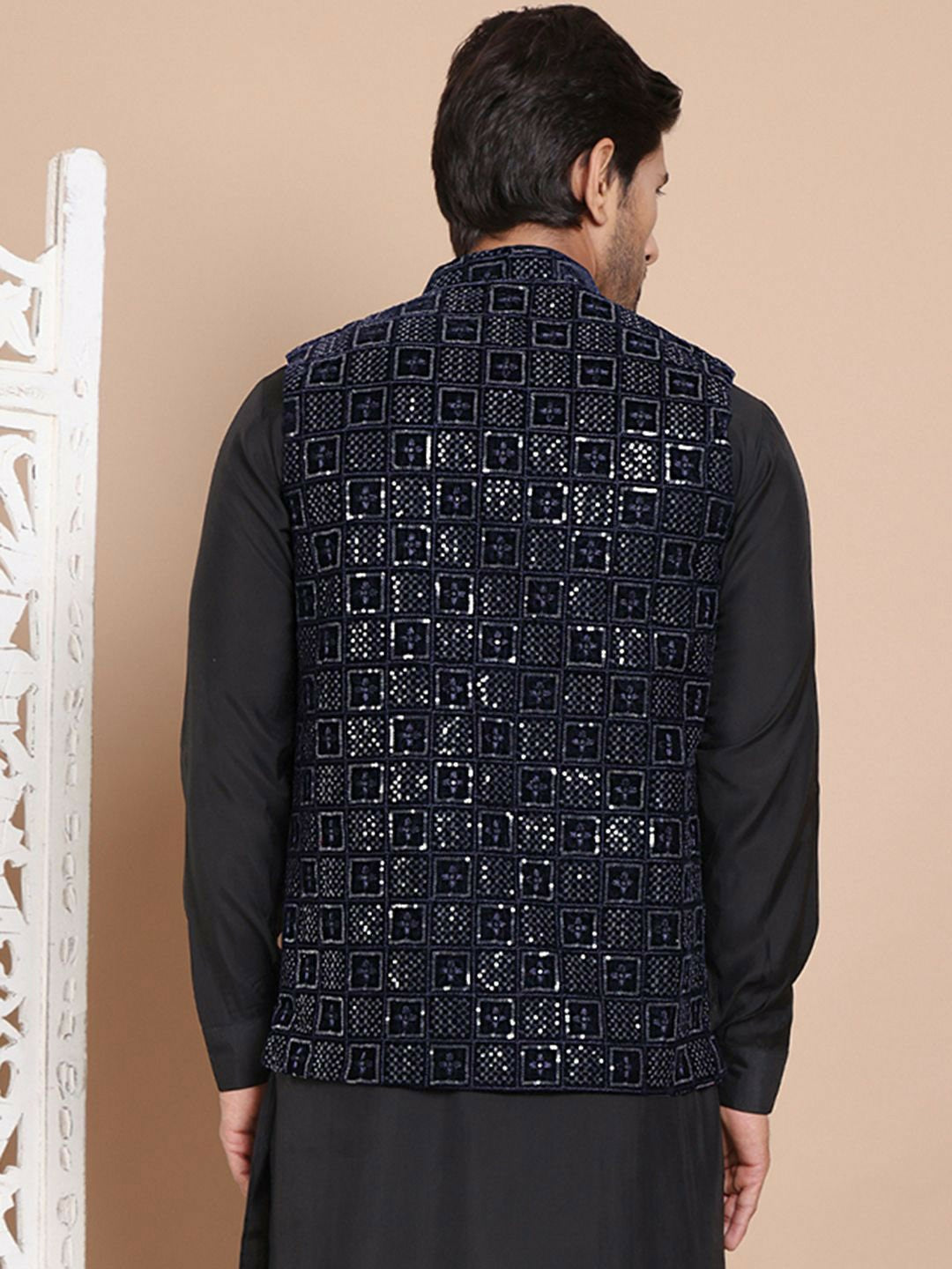 Men's Navy Blue Velvet Nehru Jacket with Embroidery & Mandarin Collar
