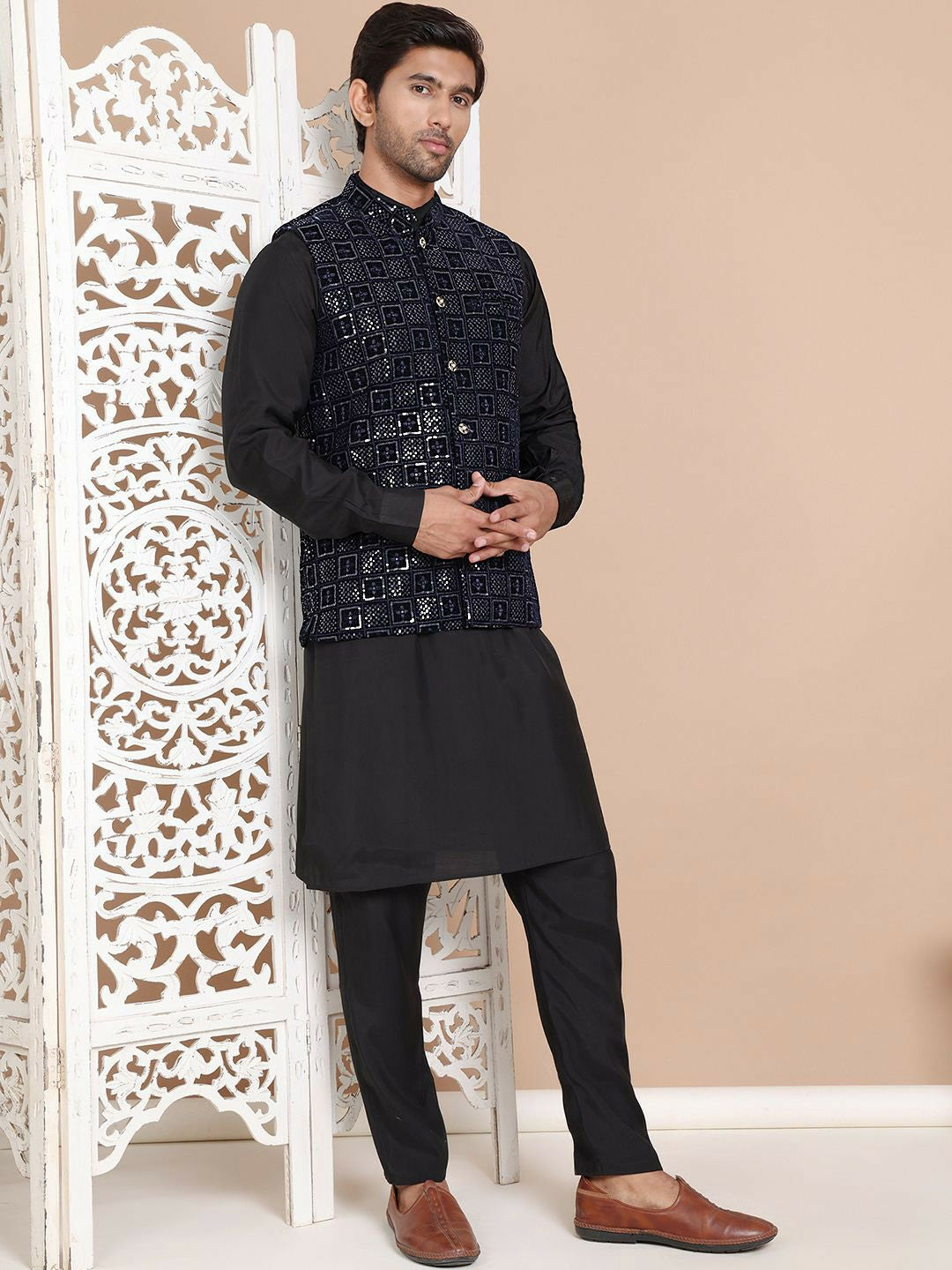 Men's Navy Blue Velvet Nehru Jacket with Embroidery & Mandarin Collar