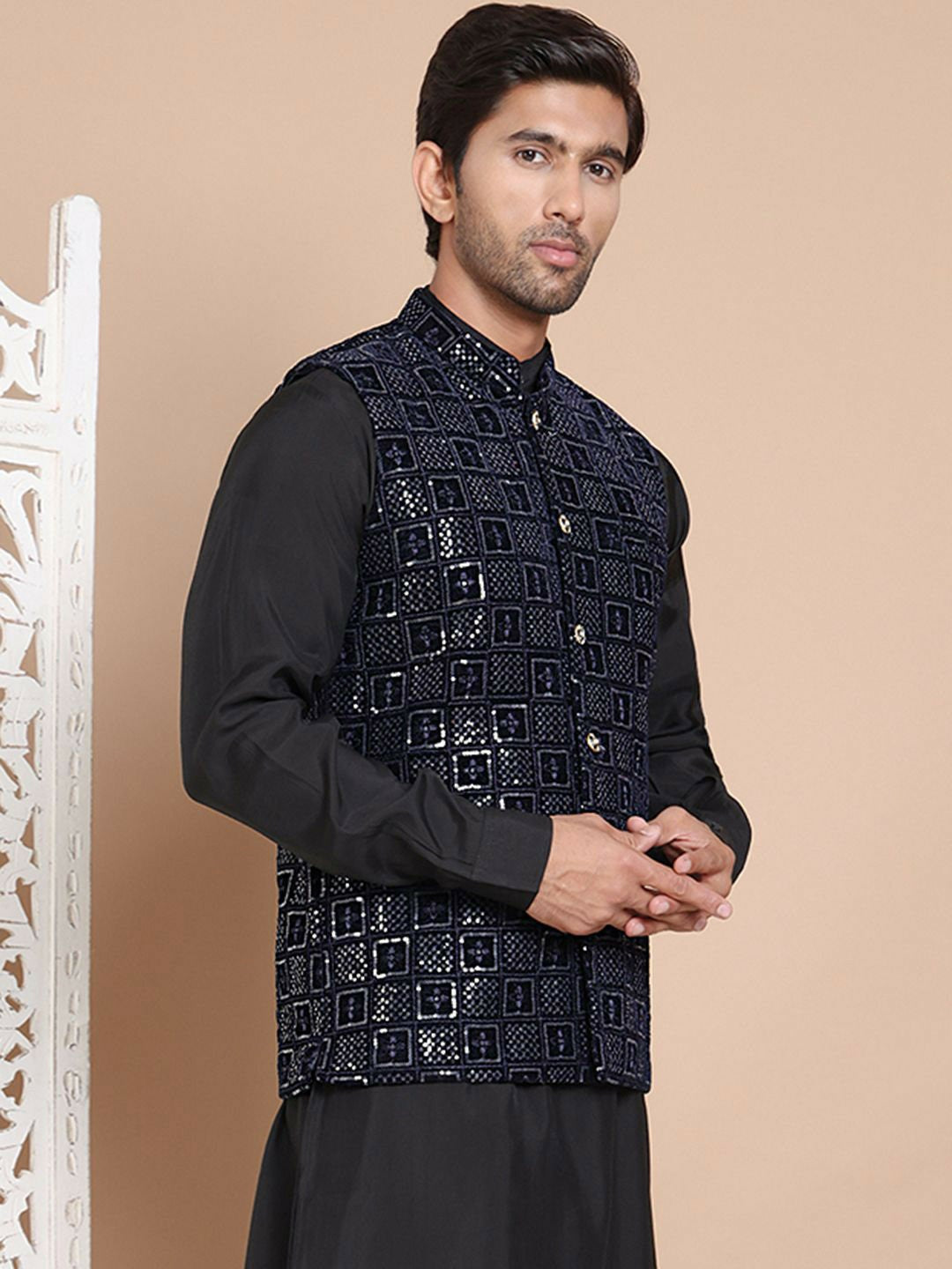 Men's Navy Blue Velvet Nehru Jacket with Embroidery & Mandarin Collar