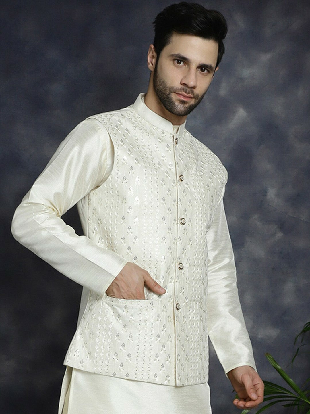 Men's White Embroidered & Sequined Nehru Jacket in Silk Blend