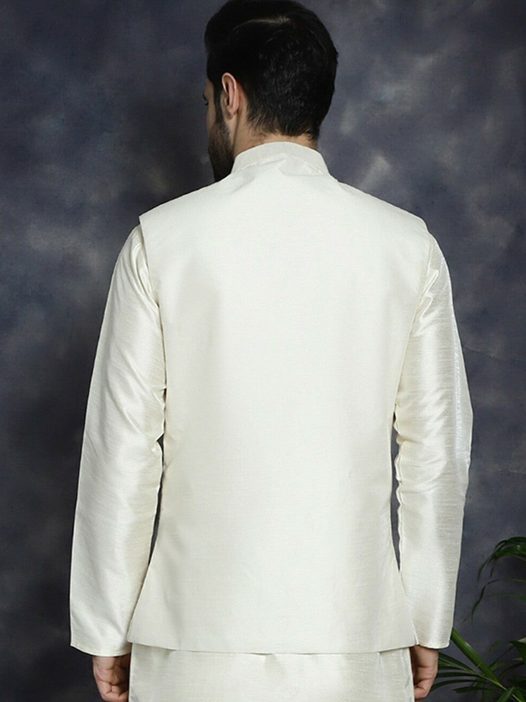 Men's White Embroidered & Sequined Nehru Jacket in Silk Blend
